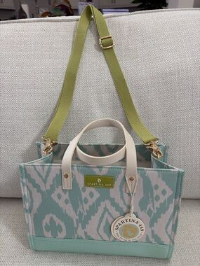 Spartina 449 Mint Ikat Canvas Tote with Cream Handles and Green Strap
